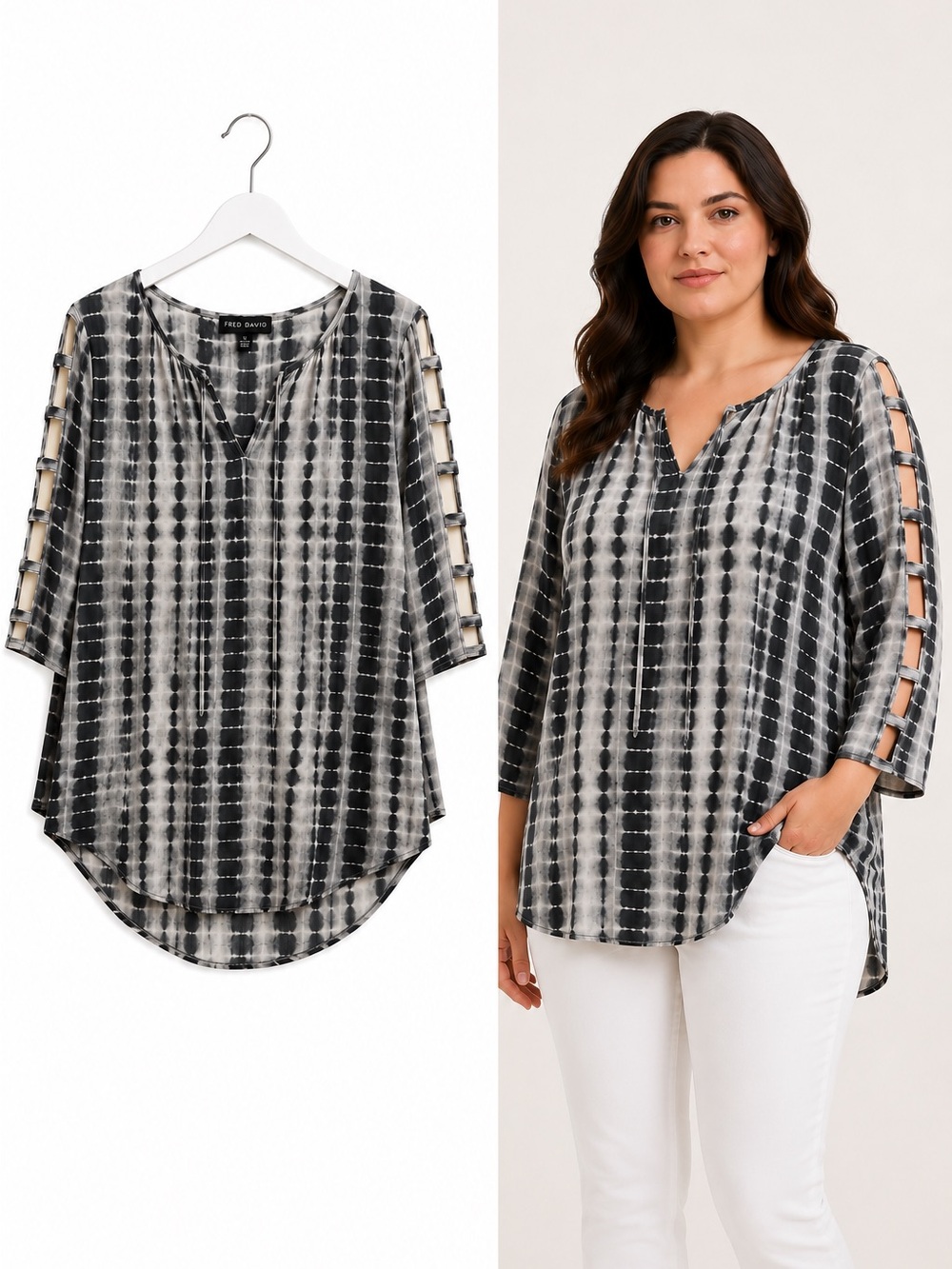 Fred David Tie Dye Ladder Sleeve Blouse 1X Gray Lightweight Airy Summer Top